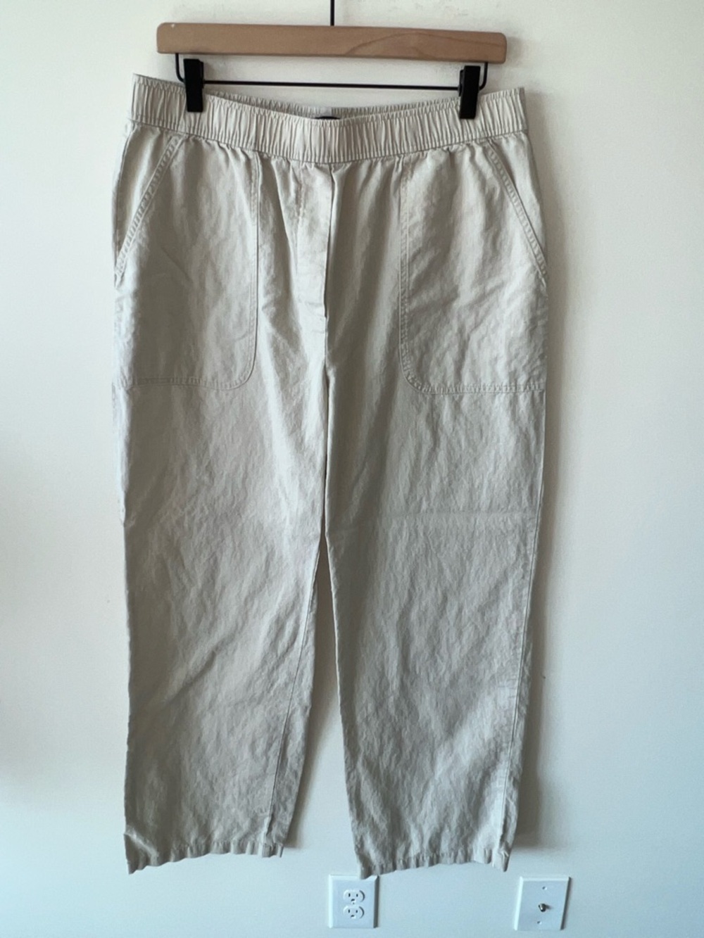 Zara Light Khaki Elastic Waist Casual Linen Cotton Pants Size Large Beach Summer